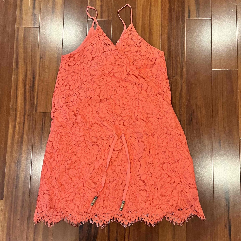Chaser Coral Orange Sundress Dress Floral Lace Sleeveless Pocket Size Medium